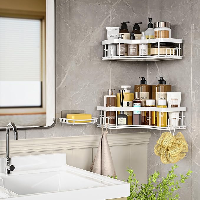 MAXIFFE 3 Pack Corner Shower Caddy with Soap Holder, Large Capacity and Easy Install, No Drilling Shower Shelves, Stainless Steel Shower Organizer Hold 40 LBS for Family Renters, White