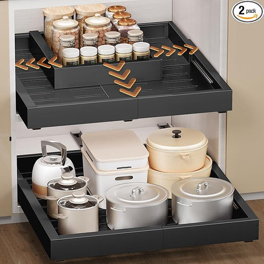 2 Pack Pull Out Cabinet Organizer, Drawers Slide Out Expandable Width (12"-19") and Depth (17"-23") With 3 Slides, Fixed with Adhesive Film and Nail for Cabinets in Kitchen, Pantry or Bathroom - Black