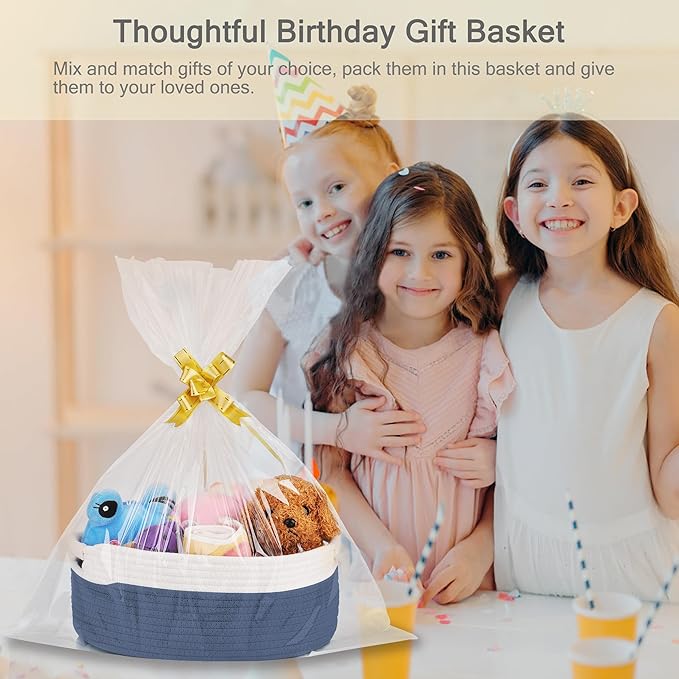 Small Woven Basket with Gift Bags and Ribbons, Empty Baby Gift Baskets for Kids Women Men, Shelf Storage, Small Cat Dog Pet Toy Boxes, 13”x 9”x 5.5”, Folkstone Gray