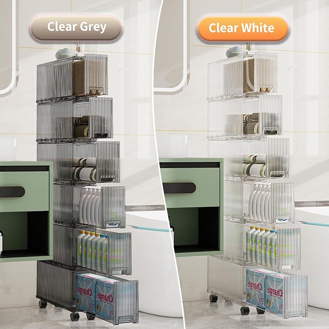 KHNR Slim 6 Tier Bathroom Storage Cabinet with Wheels, Narrow Gap Organizer Shelf, Tower for Shampoo, Towels, Toilet Paper Toiletries, Perfect for Bathroom Corner or Beside Toilet, Clear White