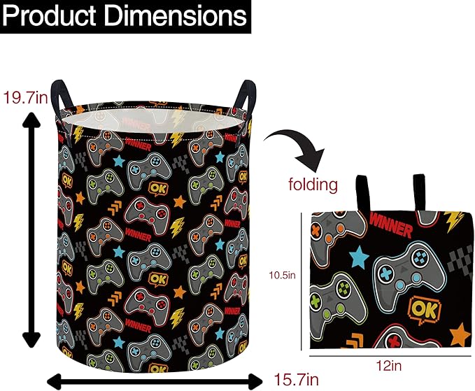 ESSME Kids Laundry Basket,Game Hamper Collapsible Canvas Waterproof Storage Bin for Boys, Cute Hamper,Gift Baskets(Game)