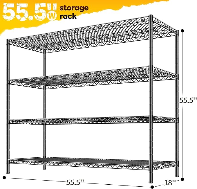REIBII 55.5" W Storage Shelves 2560LBS Metal Shelving 4 Tier Wire Shelving Unit Garage Shelving Heavy Duty Metal Shelves for Storage Rack Commercial Adjustable Pantry Shelf, 55.5" W X 18''D X 71" H