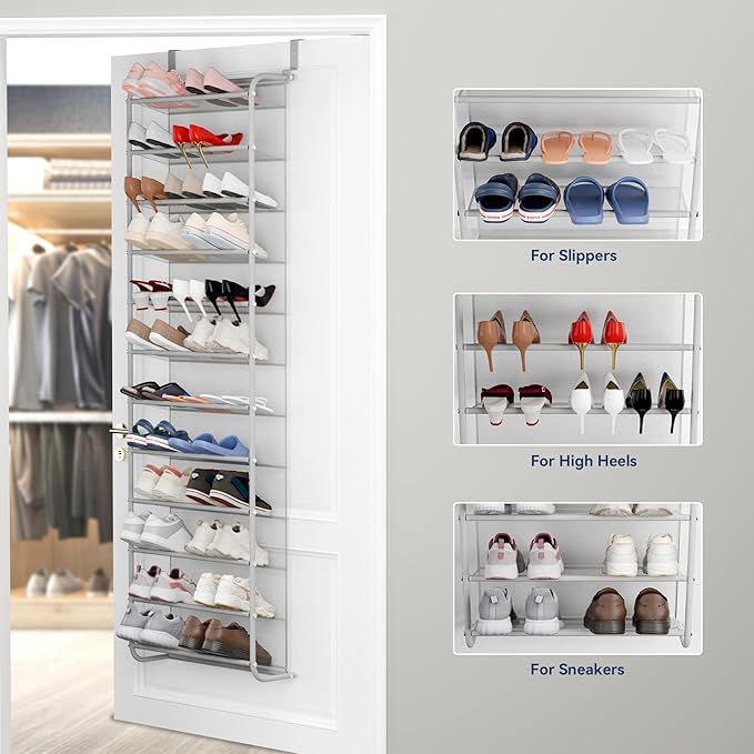 Whitmor 36 Pair Over The Door Shoe Organizer, 12 Tier Hanging Shoe Organizer, Heavy Duty Metal & Mesh Shoe Holder, Hanging Shoe Rack for Closet Organizer & Storage, 74"L x 21.7"W x 7.5"H, Grey
