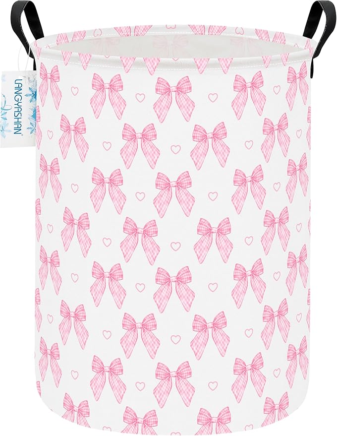 Laundry Basket Canvas Fabric Collapsible Organizer Basket for Storage Bin Toy Bins Gift Baskets Bedroom Clothes Children Nursery Hamper (Pink Bowknot)