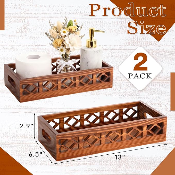 Qunclay 2 Pack Brown Toilet Tank Baskets Wooden Toilet Tank Top Paper Baskets with Handle Rustic Hollow Bathroom Paper Organizer Holders Farmhouse Decorative Bathroom Storage Box