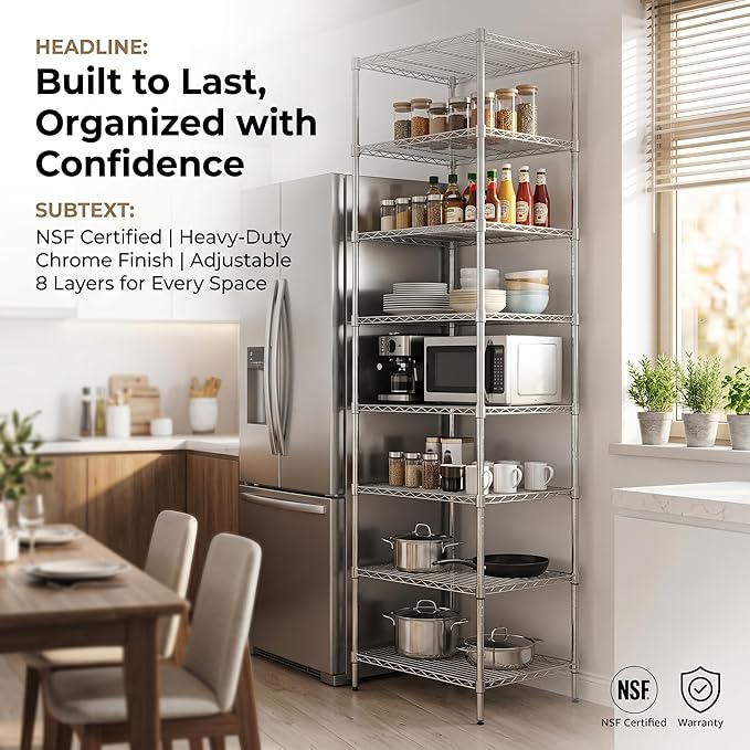 Finnhomy Heavy Duty 8 Tier Wire Shelving, 24x24x80.3 inches 8 Shelves Storage Rack with Thicken Steel Tube, Pantry Shelves for Storage, Adjustable Metal Shelving Unit, NSF Certified, Chrome