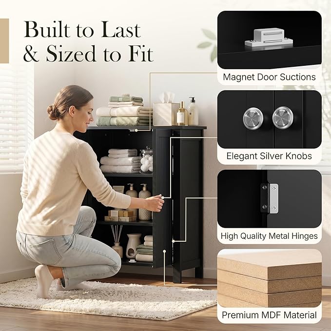 SUPER DEAL Modern Bathroom Floor Storage Cabinet with Adjustable Shelf and Double Door Rust Proof, Living Room Modern Home Furniture Storage Organizer Cabinet, Black