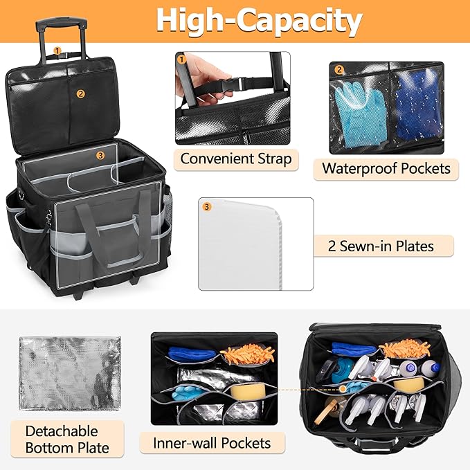HODRANT Large Rolling Cleaning Caddy with Detachable Trolley & Lid, Cleaning Cart on Wheels with Shoulder Strap & Handles, Cleaning Supplies Organizer with Multi Pockets for Cleaning Tools Storage