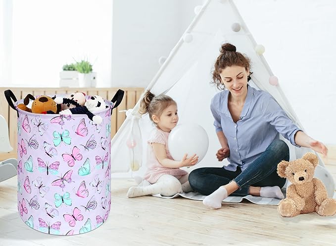 Kids Laundry Hamper Clothes Gift Basket Storage Laundry Baskets Organizer Bin with Handles for Nursery Room (Purple Butterfly)