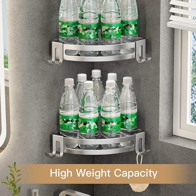 VOLPONE Corner Shower Caddy with Razor Holder Adhesive Shower Shelf Corner No Drilling Bathroom Corner Shower Organizer Storage Rack Shampoo Holder Wall Mount (2-Pack, Silver)