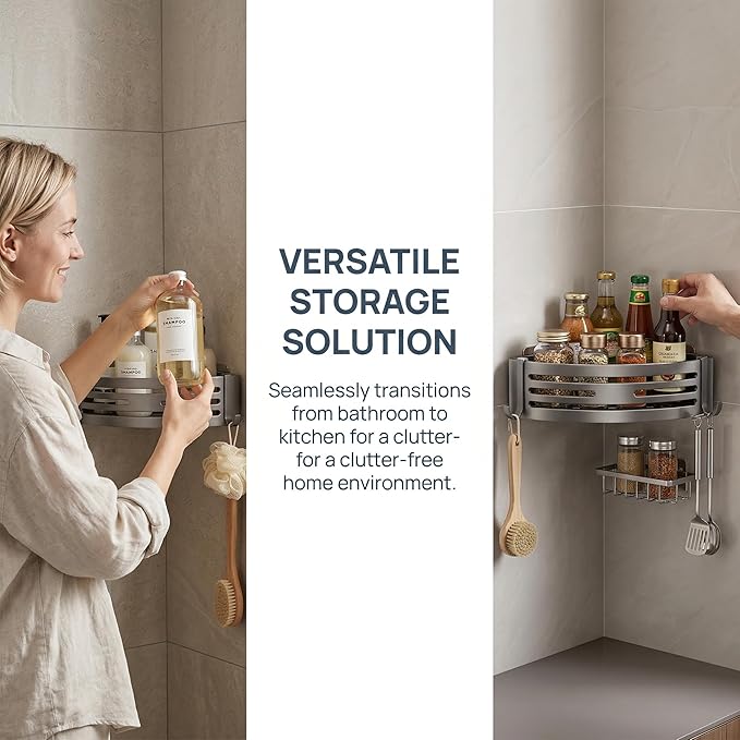 Corner shower rack, corner shower shelf suction cup， Non perforated shower rack, bathroom decoration, aviation aluminum, matte gray, caddy with towel bar and hook (1)