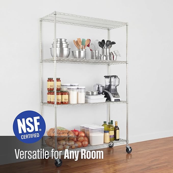 SafeRacks - NSF Certified Storage Shelves, Zinc, Heavy Duty Steel Wire Unit with Wheels and Adjustable Feet, Garage or Bakers Rack, Kitchen, Pantry Shelf - (18"x48"x72" 4-Tier) (Silver)
