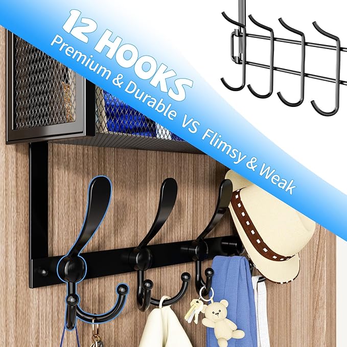 Kaiferty Over The Door Hooks Organizer, Coat Rack Over The Door Storage Hanger Towel Rack, Back of Door Storage Organizer for Bathroom,Bedroom,Kitchen,Office (Black, 3-Tier)