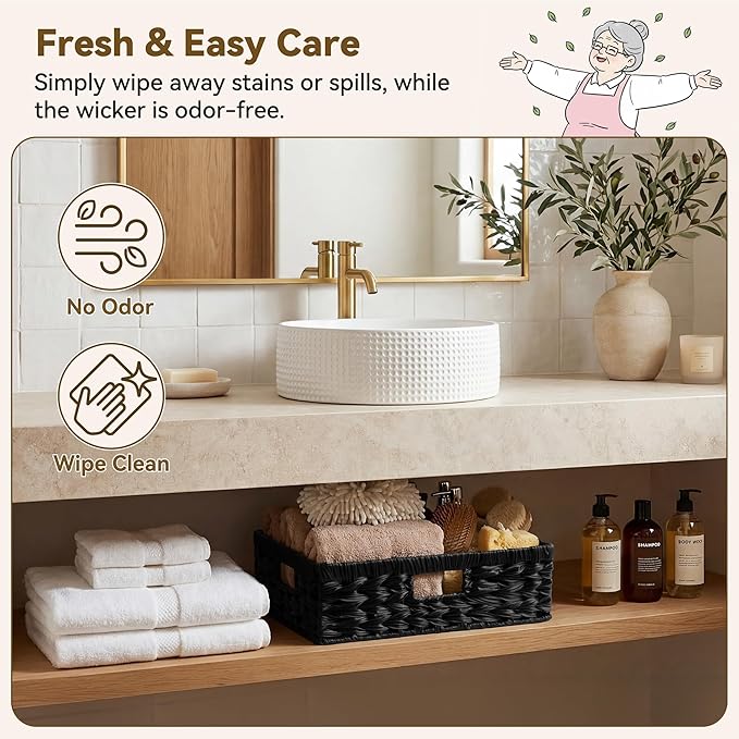 GRANNY SAYS Wicker Storage Baskets for Shelves, Wicker Basket for Organizing, Shallow Basket, Woven Baskets for Pantry Storage, Black, 1-Pack