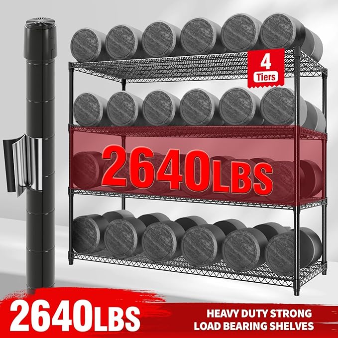 4-Tier Tall Steel Wire Shelving Unit with Wheels, Heavy Duty Storage Rack,2640 Lbs Capacity, Adjustable Industrial Shelves for Garage, Workshop, or Warehouse