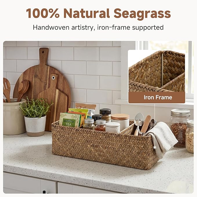 StorageWorks Toilet Paper Basket for Back of Toliet，with 3-Compartments, Basket Organizer, Seagrass Toilet Tank Basket, Brown, 2-Pack