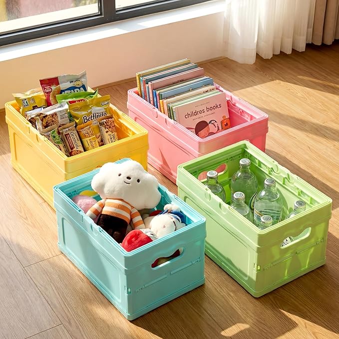 4 Pcs Pastel Plastic Storage Bin with Lid and Handle Cute Collapsible Storage Crates Foldable Plastic Basket Stackable Bins for Home Kitchen Office Bathroom Picnic (Pink,Green,Blue,Yellow)