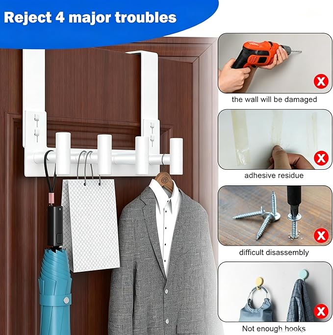 PMMASTO Over The Door Hooks, Fits 1-3/4" Thick Door No Drill Hooks for Closet Bathroom Bedroom Organization, Hanger for Coat Towel Robe (White, 4 T-Hooks)