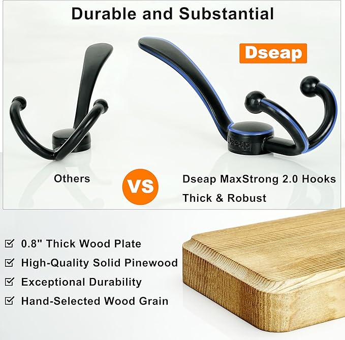 Dseap Coat Rack Wall - Heavy-Duty 38-1/4" Long, with Reinforced 10 Custom Tri-Hooks, Solid Wood Wall Hanger for Coats Hat Jackets - Rustic Farmhouse Entryway Storage, Natural & Black, Pack of 2