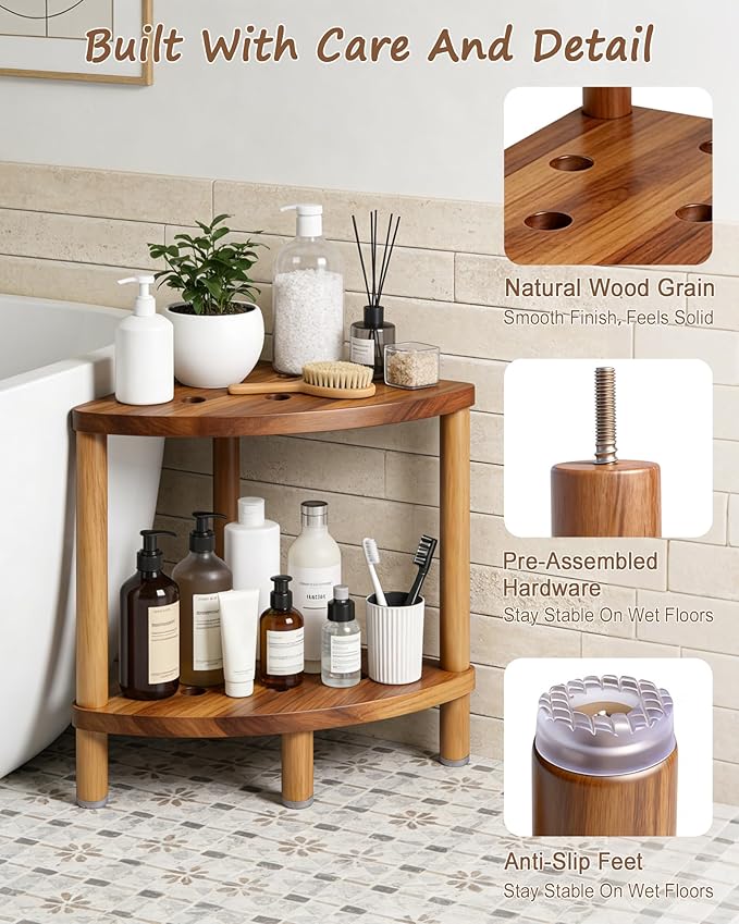 Bathroom Corner Shower Stool with Storage Shelf, Shower Foot Rest 15in, Wood Shower Stool for Shaving Legs, Waterproof Corner Shower Stool for Inside Small Shower Spaces, Acacia Wood