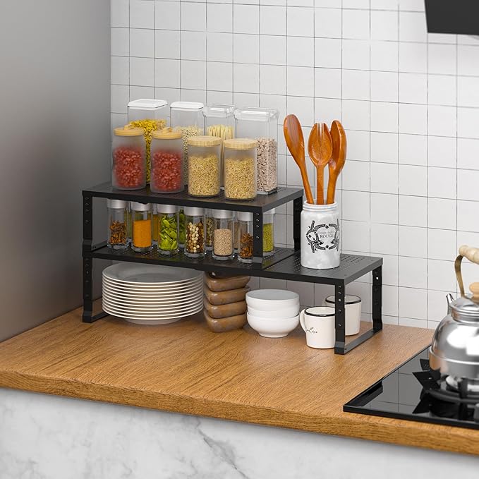 Metal Stackable Expandable Storage Rack, Adjustable Under Sink Shelf & Countertop Space Saving, Heavy-Duty Pantry Storage, Suitable for Kitchens, RV, Bathrooms, Workshops or Offices