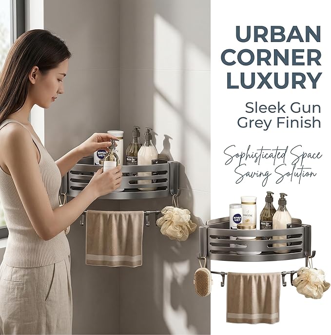 Corner shower rack, corner shower shelf suction cup， Non perforated shower rack, bathroom decoration, aviation aluminum, matte gray, caddy with towel bar and hook (1)