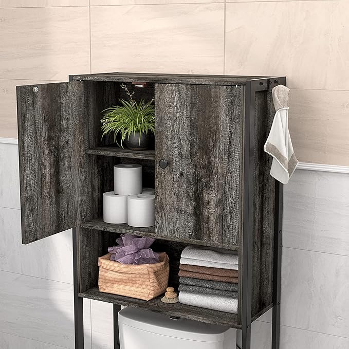 Ecoprsio Over-The-Toilet Storage Cabinet Rack, Bathroom Organizer Shelf Over Toilet, Freestanding Space Saver Toilet Stands with 2 Hooks, Gray Brown