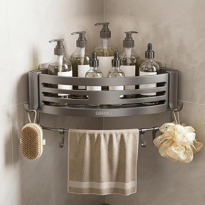 Corner shower rack, corner shower shelf suction cup， Non perforated shower rack, bathroom decoration, aviation aluminum, matte gray, caddy with towel bar and hook (1)