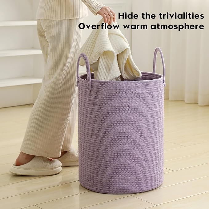 Laundry Basket Hamper Tall Rope Storage Woven for Blanket toys Dirty Clothes in Living Room Bathroom Bedroom (Purple, 100L/26.4Gal)