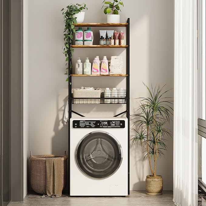 Gizoon Over-The-Toilet Storage Rack with Adjustable Shelf and Basket, 4-Tier Freestanding Space Saver Bathroom Shelves Above Toilet for Room