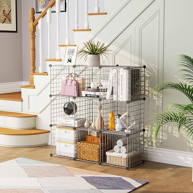 C&AHOME Wire Cube Storage, 9 - Cube Organizer Metal C Grids, Modular Shelves Units, Closet Organizer, Ideal for Home, Office, Living Room, 36.6”L x 12.4”W x 48.4”H, Silver Gray UWCS3009G