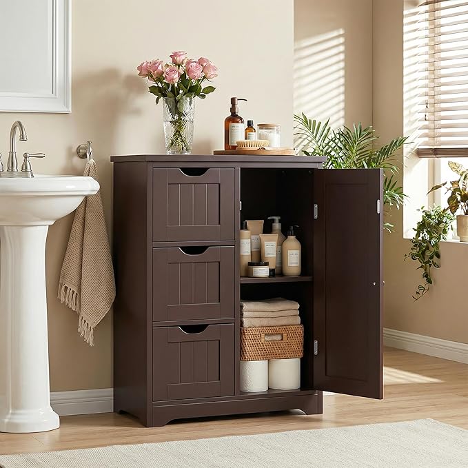 SUPER DEAL Bathroom Storage Cabinet with 3 Drawers and 1 Door, Entryway Home Decor Furniture Towels Storage Organizer Unit, Brown