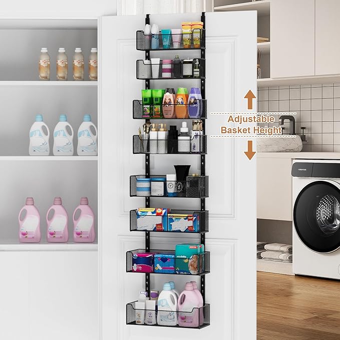 VyGrow Over The Door Organizer, 8-tier Metal Door Organizer Hanging with Adjustable Baskets, Behind The Door Storage for Bedroom Closet Bathroom Pantry Cabinet Kitchen, Black