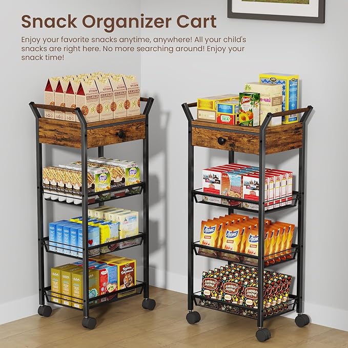 Asgolion Large Fruit Vegetable Storage Cart, 5-Tier Kitchen Rolling Cart with Wheels & Drawer, Metal Wire Storage Basket Organizer Baskets for Kitchen, Pantry, Bathroom