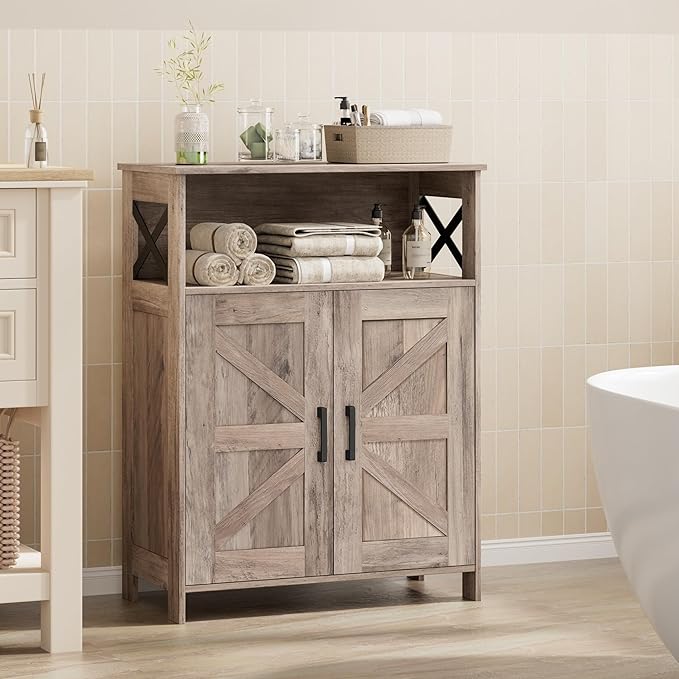 Homhedy Farmhouse Bathroom Storage Cabinet with 2 Doors, Toilet Paper Cabinet with Adjustable Shelves, Small Bathroom Cabinet for Kitchen/Laundry/Living Room, 11.8 x 23.6 x 31.5 Inches, Greige