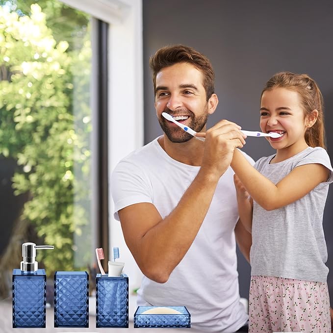 Bathroom Accessory Set, 4 PCS Blue Bathroom Accessories Sets, Soap Dispenser and Toothbrush Holder Set, Soap Dish and Mouthwash Cup, Boho Bathroom Decor, Plastic Bathroom Sets Accessories