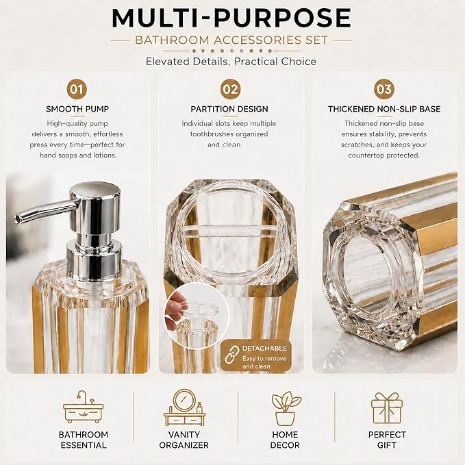 4-Piece Gold Bathroom Accessories Set — Soap Dispenser, Soap Dish, Mouthwash Cup & Toothbrush Holder, Acrylic with Brushed Gold Accent, Luxury Vanity Countertop Organizer