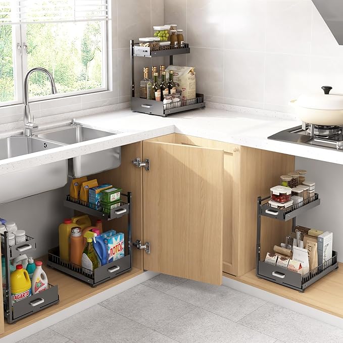 Under Sink Organizer, 2 Tier Slide Out Cabinet Organizer with Pulley, Height Adjustable Pull Out Shelf for Kitchen, Bathroom, Laundry and Utility Storage, Gray, 1 Pack