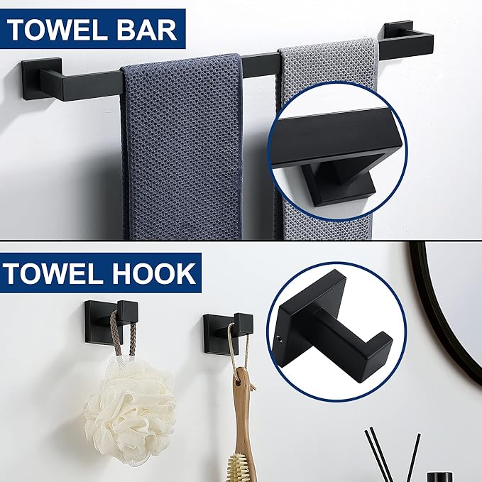 5 Pieces Bathroom Hardware Accessories Set Matte Black, 24Inch Square Towel Racks Set for Bathroom, SUS304 Stainless Steel Towel Bar Set, Toilet Paper Holder with Shelf Wall Mounted