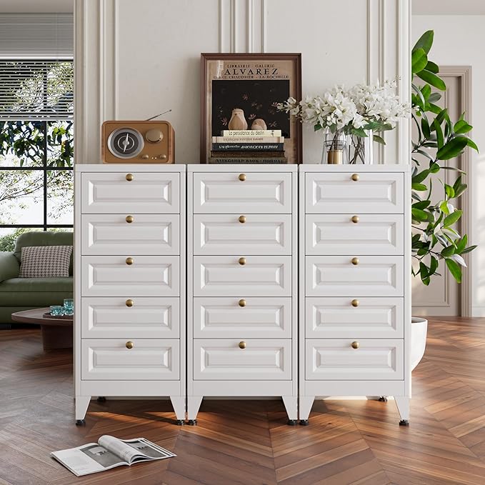 Aobabo Metal Bathroom Storage Cabinet with 5 Drawers, Steel Narrow Cabinet Organizer, Freestanding Floor Storage for Bathroom, Entryway and Living Room, Assembly Required