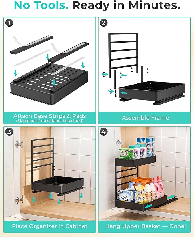 EVERIE Height Adjustable 2 Tier Metal Pull Out Slide Shelf Organizer for Under Sink Cabinets in Kitchen, Bathroom, with Snap-on Top Tray, 16" Deep (Black, 2 Sets) | Pull Out, Slide Shelf