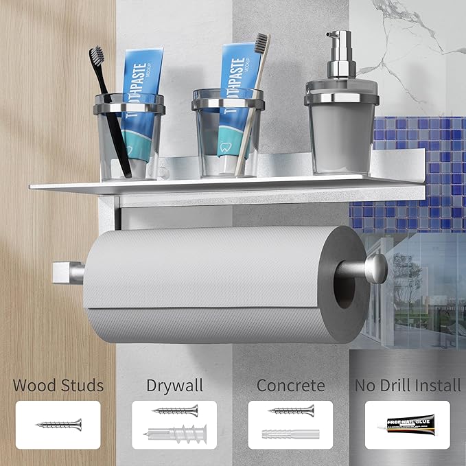 Danpoo Wall Mount Paper Towel Holder with Shelf for Bathroom/Kitchen, Adhesive Hand Towel Holder, Matte Silver
