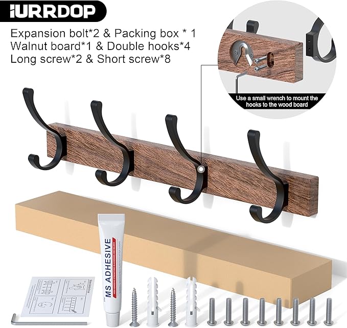 17 Inch Black Walnut Wood Wall Mounted Coat Rack with 4 Black Double Hooks, Adhesive Mounted Entryway Hooks, Modern Natural Wooden Pegs for Hanging Coat Clothes Hat Bag Purse Key and Towel