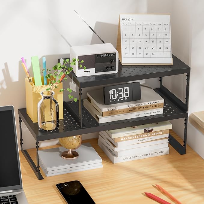 Stackable Expandable Metal Shelf Organizer, Adjustable Storage Rack, Heavy Duty Space Saver for Kitchen, Pantry, Bathroom, Countertop & Office(2Pack/Large/Black)