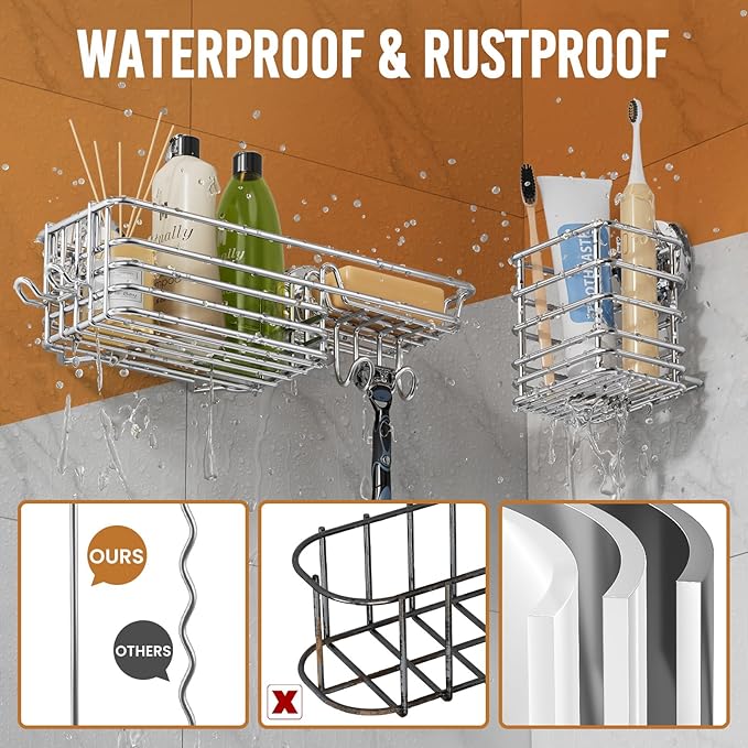 LEVERLOC Shower Caddy Suction Cup, 3 Pack Heavy Duty Bathroom Organizer For Inside Shower With Hooks & Soap Holder, Removable Bathroom Organizer, Rustproof Silver Holder Storage,Silver