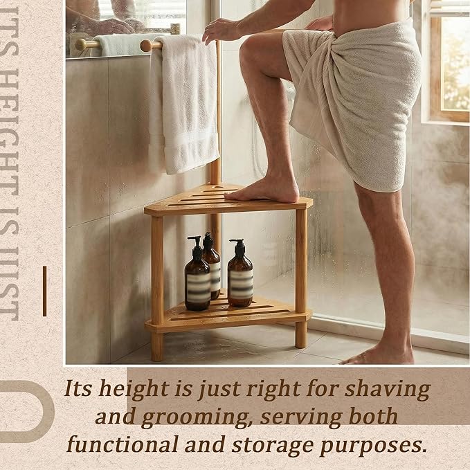 Threehoney 2 Tier 17" x 31" Bamboo Corner Shower Stool Shelf with Towel Bar for Bathroom Wood Foot Rest, Shower Storage Organizer Bench Caddy for Inside, Small Spaces Free Standing