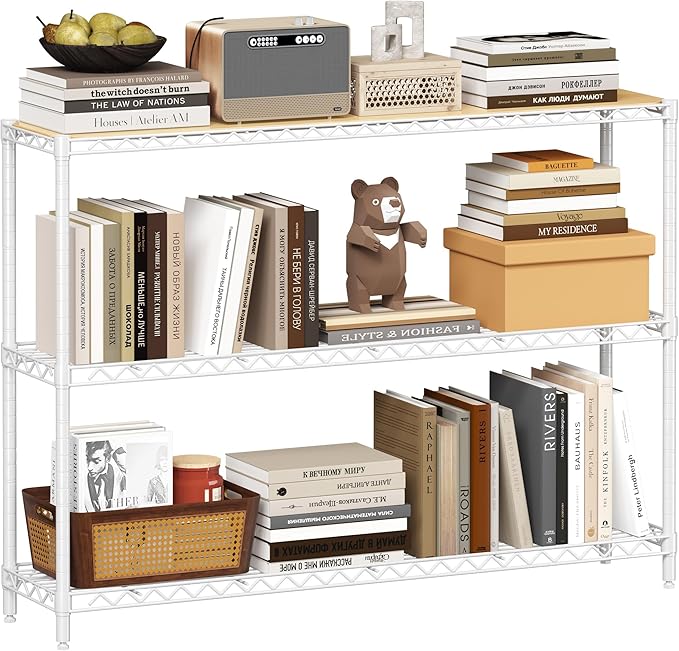 Homeiju 3-Shelf Storage Rack, 41" Wide Adjustable Standing Metal Shelving Unit with Removable Wooden Boards, Heavy Duty for Pantry, Bathroom, Garage, Entryway, Plant Stand, White