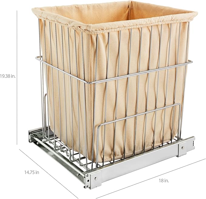 Rev-A-Shelf 20 In Pullout Clothes Laundry Hamper, Steel Mounted, Chrome, HRV-1520 S CR - Hidden Pull Storage Basket Organizer for Deep Cabinet Floor and Bathroom