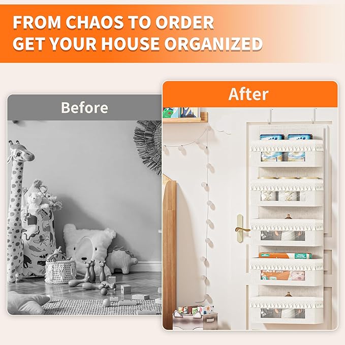 Aokeyee 5 Tier Over The Door Organizer Storage Nursery, Boho Door Organizer Hanging with Tassels and Clear Window, 65lb Behind The Door Storage for Baby Nursery, Bedroom, Bathroom
