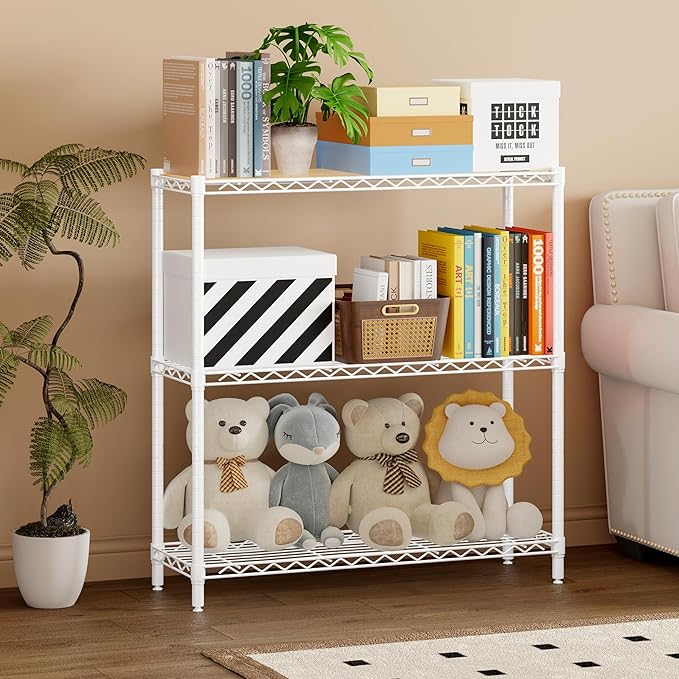 Homeiju 3-Tier Storage Rack, 29.8" Wide Heavy Duty Metal Shelving Unit, Top Tier with Removable Wood Board, 200 lbs Capacity per Shelf, for Pantry, Bathroom, Garage, Entryway, Plant Stand